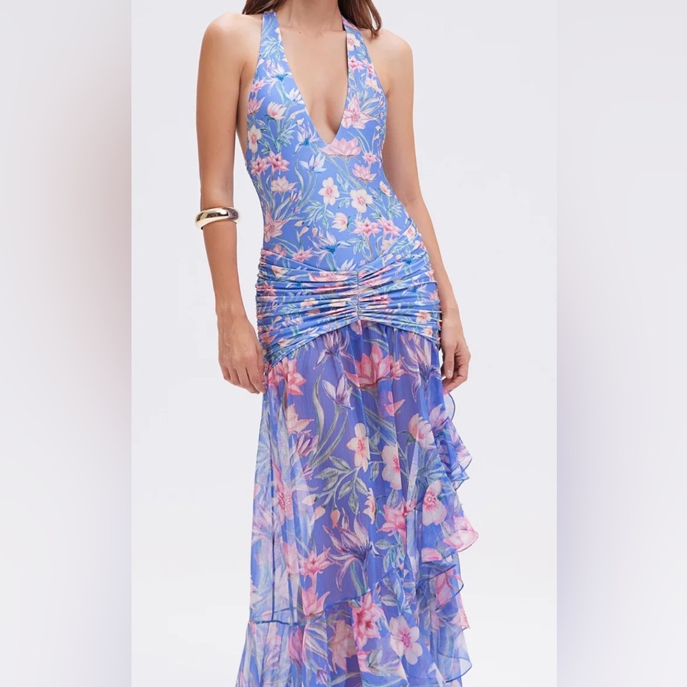 Floral Blue V-Neck Ruffled Maxi Dress